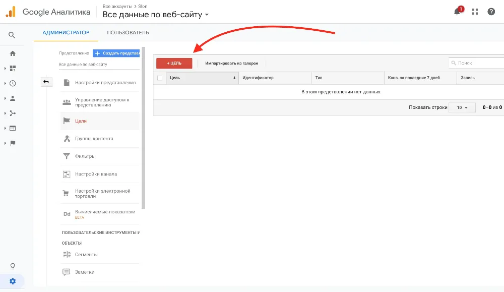 Список целей выбранного представления Google Аналитики