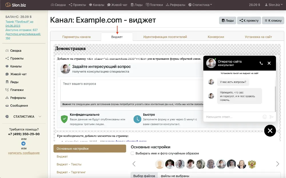 Настройка виджета в Slon.biz