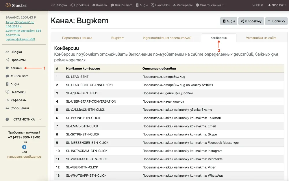 Получение идентификаторов конверсий в Slon.biz