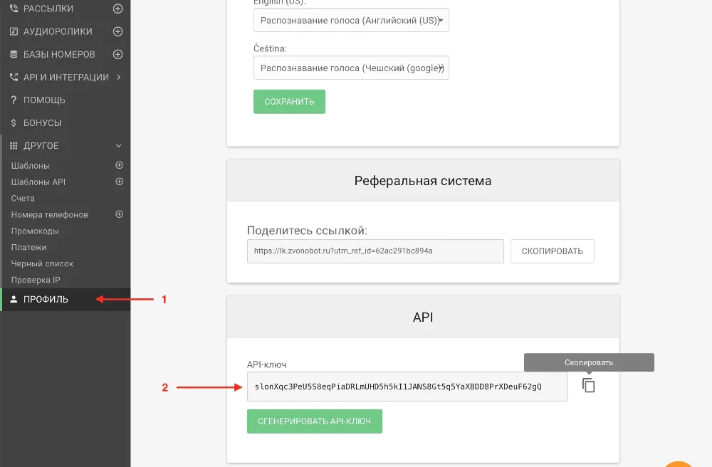 Получение API-ключа в Звонобот